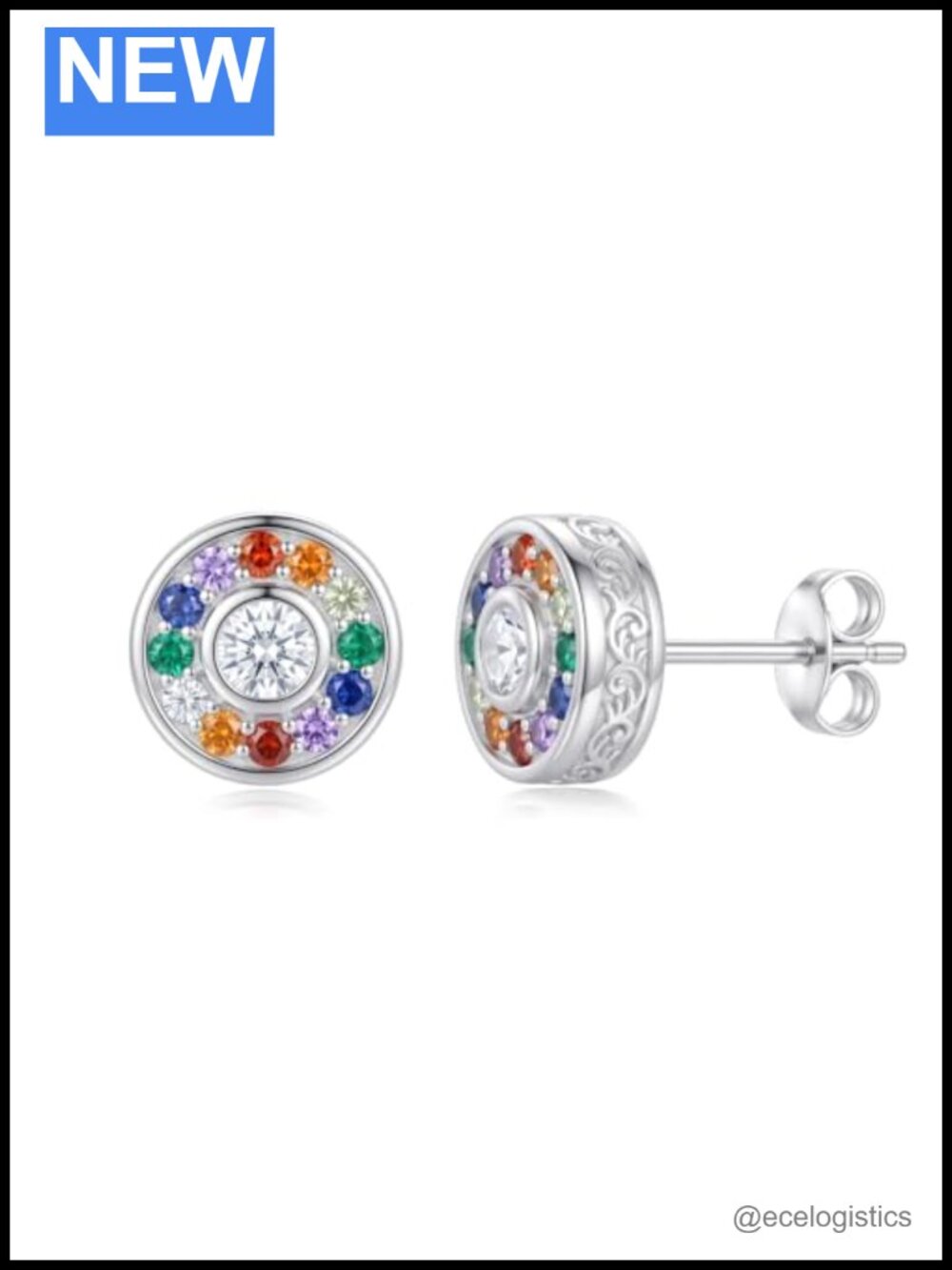 14K White Gold Plated Rainbow Pride Stud Earrings Zircon 8mm Unisex